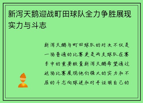 新泻天鹅迎战町田球队全力争胜展现实力与斗志