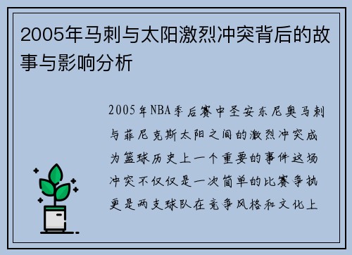 2005年马刺与太阳激烈冲突背后的故事与影响分析