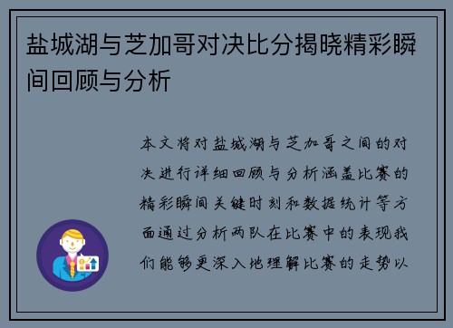 盐城湖与芝加哥对决比分揭晓精彩瞬间回顾与分析
